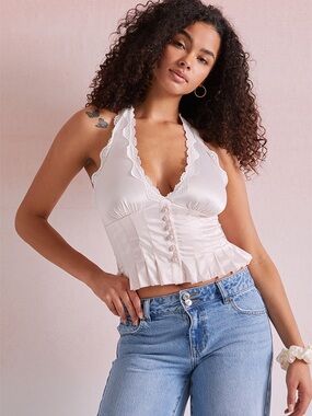 Beverly and Beck Bella Lace Trim Satin Halter Top Blush Pink Size S